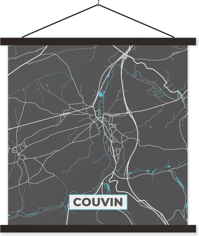 Posterhanger incl. Poster 60x60 cm - Schoolplaat - België – Couvin – Stadskaart – Kaart – Blauw – Plattegrond - Textielposter - Zwarte latten - Stadskaart