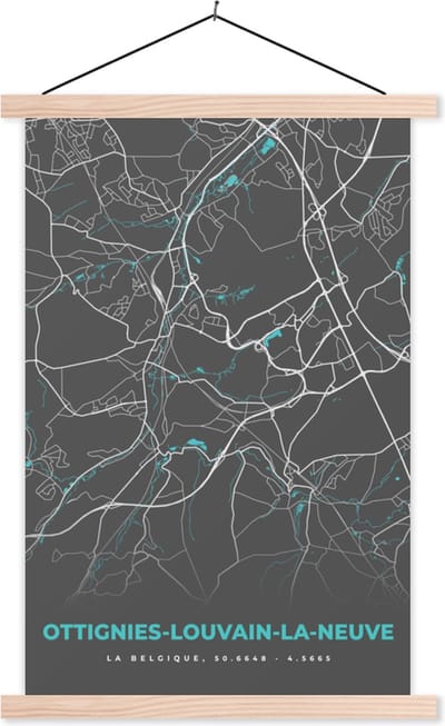 Posterhanger incl. Poster 40x60 cm - Schoolplaat - België – Ottignies Louvain la Neuve – Stadskaart – Kaart – Blauw – Plattegrond - Textielposter - Blanke latten - Stadskaart