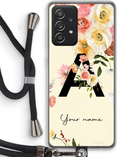 Gepersonaliseerd - Case Company® - Hoesje met koord geschikt voor Samsung Galaxy A52 hoesje met Koord - Flirty Flowers Monogram - Telefoonhoesje met Zwart Koord - Bescherming aan alle Kanten en Over de Schermrand