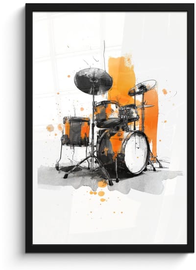 Poster in lijst - Fotolijst 40x60 cm - Posters - Drumstel - Oranje - Zwart - Aquarelverf - Posterlijst zwart - Decoratie - Wanddecoratie woonkamer - Muurdecoratie slaapkamer