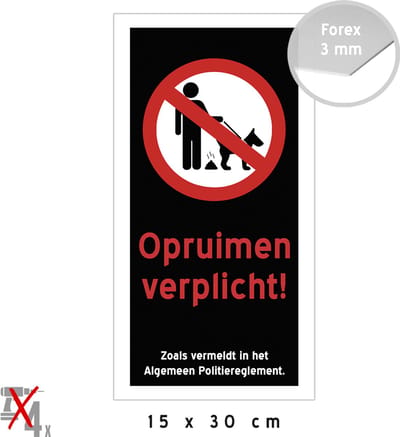 Pictogram/ bord | "Opruimen verplicht" | 15 x 30 cm | Zwart | Kakje in een zakje | Poep op de stoep | Hondenpoep | Kak | Kunststof | 1 stuk
