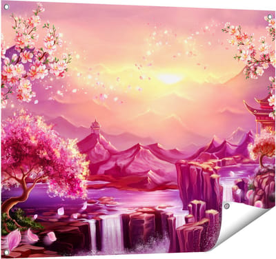 Gards Tuinposter Illustratie van Watervallen met Bloesems - 100x80 cm - Tuindoek - Tuindecoratie - Wanddecoratie buiten - Tuinschilderij