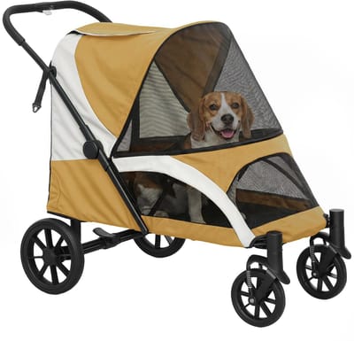 PawHut Hundewagen Hundebuggy klappbar für große Hunde & Katzen bis 30 kg Katzenbuggy mit Kissen Netzfenstern Türen Aufbewahrungstasche Katzenwagen mit Sicherheitsleinen, Bremsen, Buggy Braun