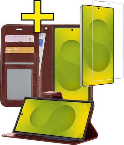 Hoesje - Met Screenprotector - Geschikt voor Samsung Galaxy S25 Ultra - Luxe Pasjeshouder - Bookcase Portemonee - Flip Case - Kunstleer Book Case - Flipcase - Book Cover - Walletcase - Portemonneehoes - Telefoonhoesjes - Bruin