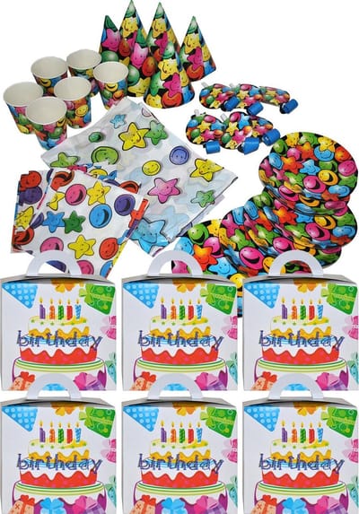 Verjaardagset voor 6 kinderen - Birthday set - verjaardagsfeest- 6 kids box - 6 hoedjes - 6 bekers - 20 servieten - 6 bordjes - 6 toeters - 1 tafellaken