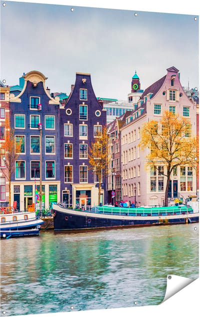 Gards Tuinposter Amsterdamse Huisjes vanaf de Gracht - 120x160 cm - Tuindoek - Tuindecoratie - Wanddecoratie buiten - Tuinschilderij