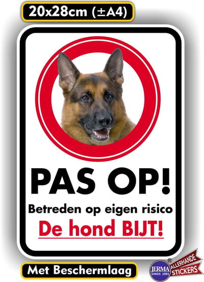 Jerma - Pas op voor de Hond – Sticker - 20 x 28 cm - Weerbestendig - Duurzaam - Zelfklevend