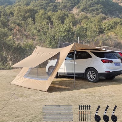 Dailygoods- Luifel 2.9x4.8m - Bescherming tegen Zon/Regen - UV-bestendig - Zilverkleurig Oxford-doek - Geschikt voor Auto's/Campers - Ruime Bescherming - Kampeertent