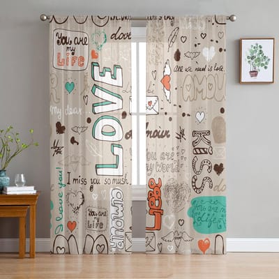 Valentijnsdag Liefde Envelop Retro Tule Gordijnen Voor Woonkamer Slaapkamer Huisdecoratie Chiffon Transparant Voile Keukengordijn 135W x 114H(cm) gray