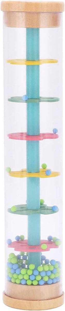 Mini Regenmaker Speelgoed - Houten Muziekinstrument - Baby Geluidstraining - Felle Kleuren Kralen - 21 cm - Multicolor