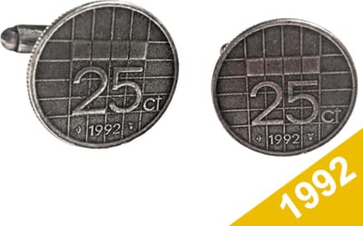 Manchetknopen Kwartje 1992 Verzilverd - Uniek en Stijlvol Sieraad met Jaartal - Cadeau Geboortejaar - Alle Jaartallen Beschikbaar - Doorsnede 1,8 cm