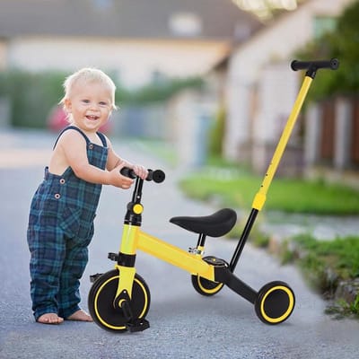 Driewieler Peuter - Loopfiets Kinderwagen - Leren Fietsen - 3-in-1 Ontwerp - 18 maanden tot 4 jaar - Geel