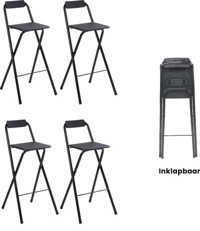 Alora Inklapbare Barkruk - Per 4 - Barkrukken Met Rugleuning - Opvouwbare Barkrukken Set Van 4 - Opklapbaar - Zwart - Outdoor - Barstoel - Klapstoel - Inklapbaar - Met Voetsteun - Camping - Barkruk Buiten
