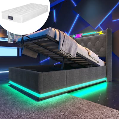 Gestoffeerd eenpersoonsbed, 360° LED-verlichting, bediening via drukknop/app/afstandsbediening, 90*200 cm, grijs linnen, hydraulisch opbergbed, gewatteerd hoofdeinde met USB Type-C oplaadfunctie (inclusief matras)