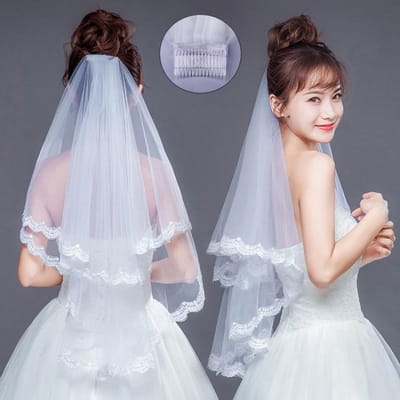 Dames Vingertop Lengte 2-laags Kant Bruidssluier met Kam Mariage Accessoires gray