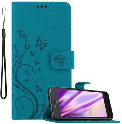 Cadorabo Hoesje geschikt voor Motorola MOTO C in BLOEMEN BLAUW - Beschermhoes in bloemmotief met magnetische sluiting, standfunctie en kaartsleuven Book Case Cover Etui