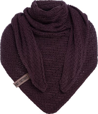 Knit Factory Sally Gebreide Omslagdoek - Driehoek Sjaal Dames - Dames sjaal - Wintersjaal - Stola - Wollen sjaal - Paarse sjaal - Aubergine - 220x85 cm - Grof gebreid