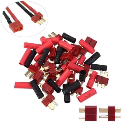 20 T-Plug Deans Style Connectoren – Mannelijk & Vrouwelijk + 40 Krimpkousen | Voor LiPo 7.4V, RC Auto, Boot, Vliegtuig, Helikopter | Rood Plastic