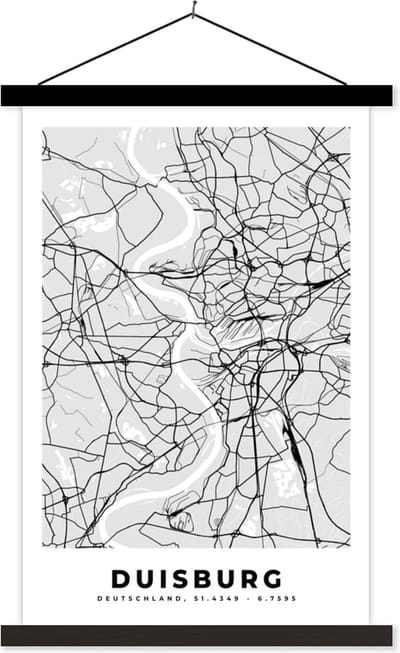 Posterhanger incl. Poster 40x60 cm - Schoolplaat - Kaart - Duisburg - Duitsland - Stadskaart - Plattegrond - Textielposter - Zwarte latten - Stadskaart