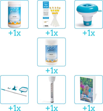 Zwembad Onderhoudspakket - Onderhoud Zwembad - bevat Chloor - Testrips - Chloordrijver - Chloor - Schoonmaakset - Thermometer en Zwembadgids (7-delig)