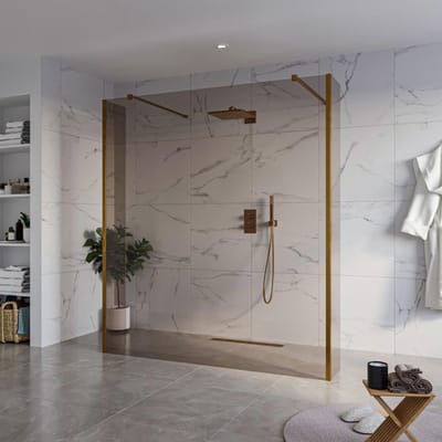 FugaFlow Eccelente Vetro Vrijstaande inloopdouche badkamer - 180x200cm - Rookglas - antikalk - 8mm veiligheidsglas - 2 zijwanden 30cm - met wandarmen en hoekprofielen - Koper geborsteld -