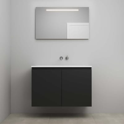 On-Line Badkamermeubelset - 100 cm - Bouwpakket - Greeploos 2 Deuren - Acryl Wastafel - zonder Kraangat - Spiegel met LED-Verlichting - Mat Zwart