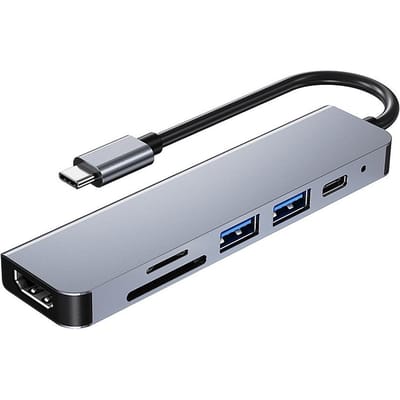 Convertisseur multifonctionnel 6 en 1 de Type C en alliage d'aluminium, avec Ports HD USB2.0 USB3.0 PD TF gris