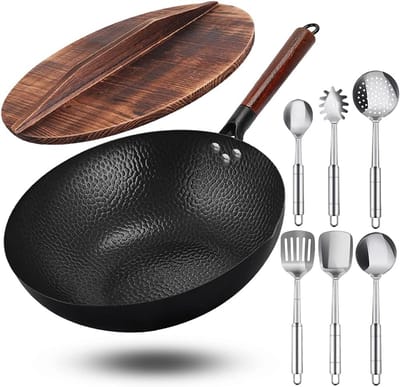 Wokpan - Roerbakpan - Thuis koken - Inclusief 6 accessoires - 30 cm diameter - Zwart