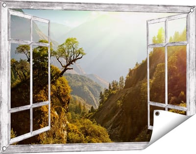 Gards Tuinposter Doorkijk Bos in de Bergen met Zonneschijn - Kleur - 90x60 cm - Tuindoek - Tuindecoratie - Wanddecoratie buiten - Tuinschilderij
