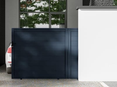 Vente-unique Schuifpoort van antraciet opengewerkt aluminium - L374 x 165 cm - NAZARIO