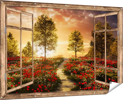 Gards Tuinposter Doorkijk Mooi Landschap met Rode Bloemen en Zonsondergang - 180x120 cm - Tuindoek - Tuindecoratie - Wanddecoratie buiten - Tuinschilderij