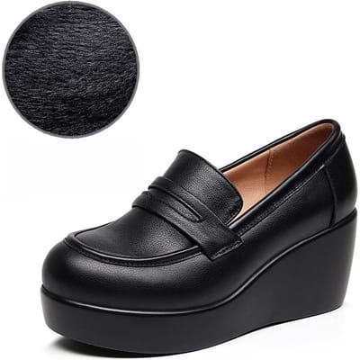 6,5 cm Vintage Zwarte Echt Lederen Loafers Dames Platform Wedge Schoenen Herfst Middenhoge Hakken Schoenen met Bont voor Kantoor Mama 38 black
