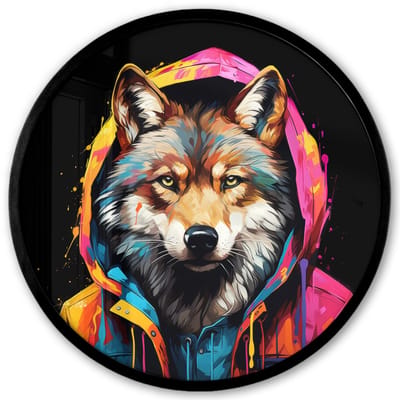 Poster in lijst Rond - Fotolijst 40x40 cm - Posters - Graffiti - Wolf - Jas - Zwart - Ronde posterlijst zwart - Decoratie - Wanddecoratie woonkamer - Muurdecoratie slaapkamer