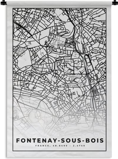 Wandkleed - Wanddoek - Frankrijk - Plattegrond - Fontenay-sous-Bois - Stadskaart - Kaart - Zwart wit - 120x180 cm - Wandtapijt