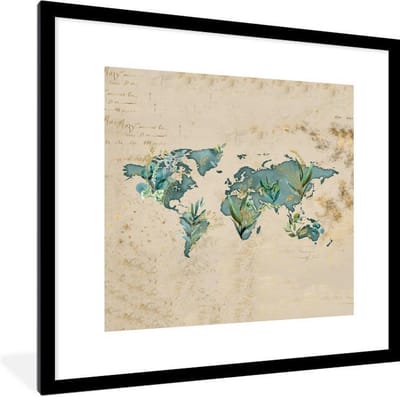 Poster in lijst - Fotolijst 40x40 cm - Posters - Wereldkaart - Vintage - Planten - Posterlijst zwart - Decoratie - Wanddecoratie woonkamer - Muurdecoratie slaapkamer