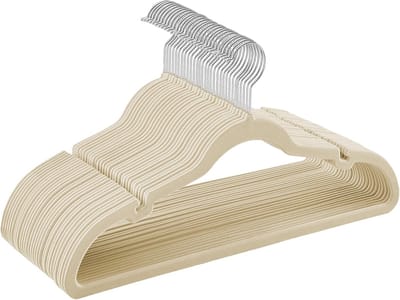 Famanu – Fluwelen kleerhangers voor kleding - antislip - met inkepingen op de schouder - broekstang - 360° draaibare haak - ruimtebesparend - 0,6 cm dik - 43 cm lang - zandbeige
