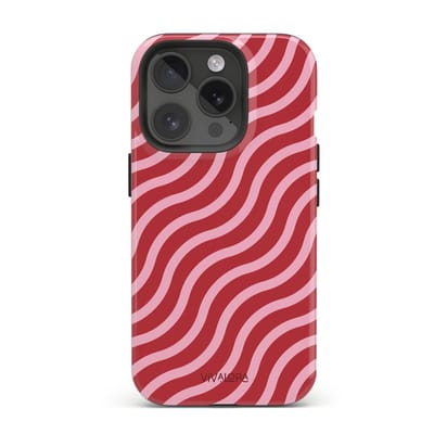 VivaLora Tough Telefoonhoesje iPhone 14 Pro met MagSafe - Wine Flow Print - 2-in-1 Phone Case - Hard Case & Siliconen Back - Extra Bescherming - Shockproof - Golvende strepen - Bordeaux/Roze