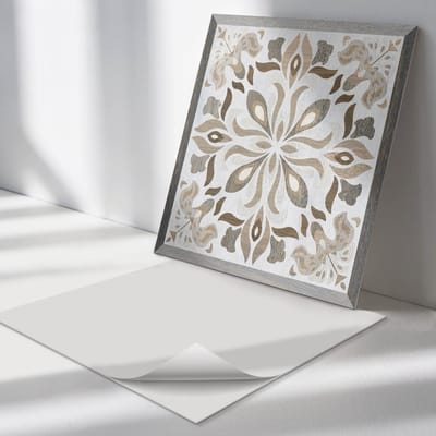 Wallfluent Vinyl Tegels - Bloemenpatroon met Symmetrie Vloer Tegels PVC - 30 cm x 30 cm - Beige PVC Tegels - Set van 9 - Vierkant PVC Tegels - Texturen Plaktegels - Zelfklevende PVC Tegels - Plaktegels Keuken en Badkamer