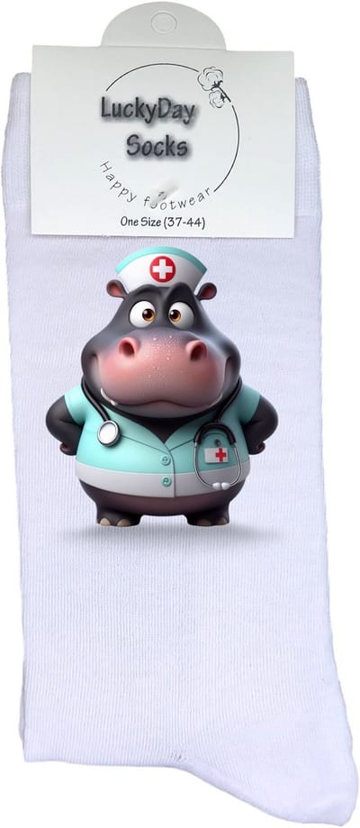 Zuster - Opkikker - Ziek - Verjaardag cadeau - Grappige sokken - Leuke sokken - Hem haar sokken - Vrolijke sokken - Operatie - Moederdag - Nijlpaard - Beterschap - Grappig cadeau - Kerst sokken - Sint cadeau - Socks maken Happy - 37-44