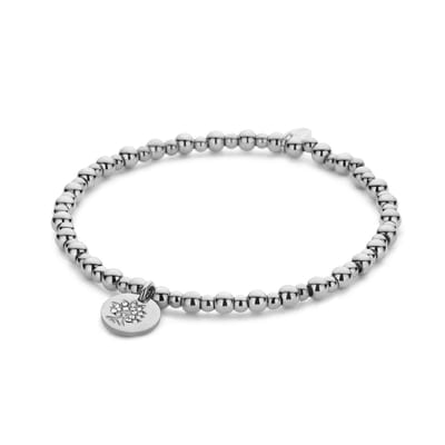 CO88 Collection 8CB-91256 Stalen Bolletjes Armband Met Hangertje - Rekbaar - Levensboom 10mm - Zirkonia - Bolletjes 3+4mm - Staal - Zilverkleurig