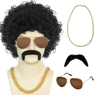 Afro Perücke voor Mannen en Vrouwen | 70s en 80s Kostuum voor Disco en Carnaval | Inclusief Snor en Feestkleding voor Halloween