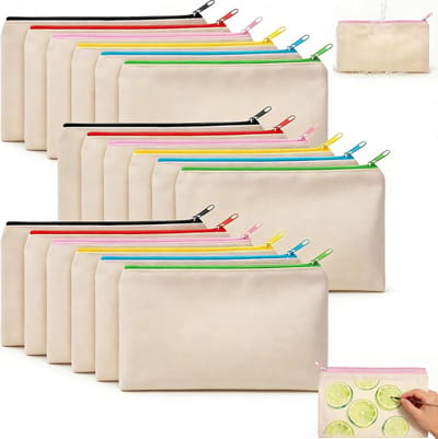Thijox - 18 stoffen zakjes beschilderen, 21 x 13 cm, beige DIY canvas tassen met ritssluiting voor knutselen, cosmetica, school en reizen