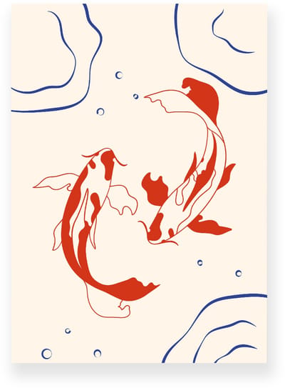 Poster 20x30 cm - Koi Vissen - Water - Beige - Oranjerood - Minimalistisch - Botanisch - Muurdecoratie - Wanddecoratie