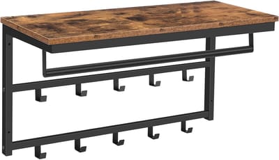 Famanu - Wandgarderobe met legplank en 10 haken, industrieel bruin-zwart design 80x30x42 cm