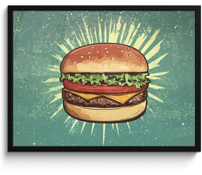 Poster in lijst - Fotolijst 70x50 cm - Posters - Hamburger - Illustratie - Sla - Kaas - Posterlijst zwart - Decoratie - Wanddecoratie woonkamer - Muurdecoratie slaapkamer