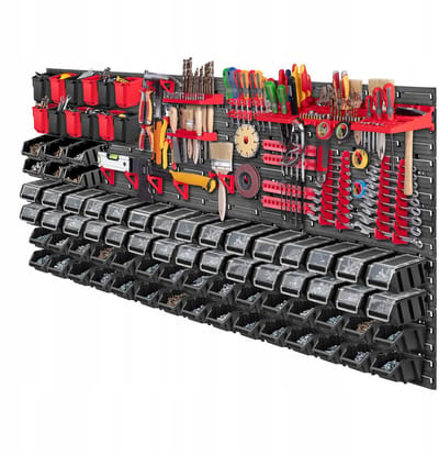 KADAX Gereedschapswandrek, groot, 174 x 78 cm, opslagsysteem van robuust kunststof, uv-bestendig modulesysteem, uitbreidbare wandplaten, werkplaatsrek voor garage (rood en zwart, 121 stuks)