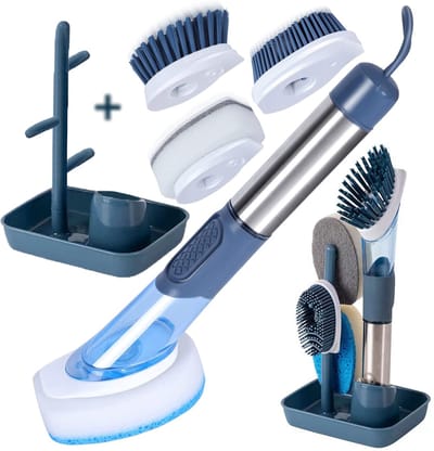 Dailygoods- Afwasborstel met Zeepdispenser - Vervangbare Kop - Opbergbasis - Roestvrij Staal - Siliconenrubber - Antikras Nylon Borstelharen - Afwasmiddel Dispenser