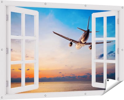 Gards Tuinposter Doorkijk Vliegtuig Boven de Zee bij Zonsondergang - 150x100 cm - Tuindoek - Tuindecoratie - Wanddecoratie buiten - Tuinschilderij