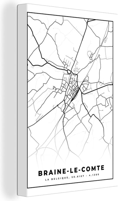 Canvas Schilderij Stadskaart – Plattegrond – België – Zwart Wit – Braine le Comte – Kaart - 20x30 cm - Wanddecoratie