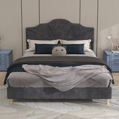 Wishdor Gestoffeerd Bedframe – 140 x 200 cm – Geometrisch Hoofdbord met Siernagels – Stof en Metaal Grijs – Lattenbodem met Vochtbescherming – Zachte Hollandse Wol – Stijlvol voor Moderne Slaapkamer – Eenvoudige Montage